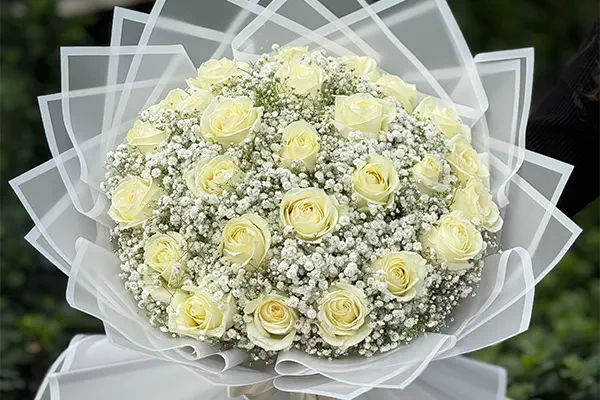 دسته گل رز سفید و ژیپسوفیلا